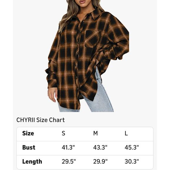 New Chyrii Womens Boyfriends Flannel Shirt Medium Black Brown Plaid Button Down - Picture 7 of 8